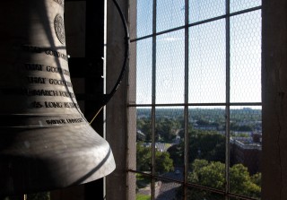 The bells of the McLane Carillon that hangs in Pat Neff Hall are adorned with lyrics from "That Good Old Baylor Line." (Nick Berryman | Lariat Photographer)