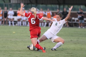 No. 5 midfielder Lisa Sliwinski attempts to steal the ball during the matchup against Nebraska on Friday, Aug. 31, 2012 at the Betty Lou Mays Soccer Field. The Lady Bears outscored Nebraska 3-0. Sarah George | Lariat Photographer