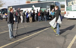 Crowley junior Eric Grant is interviewed by Fox TV news as Baylor students load buses on campus  Wednesday morning headed to San Diego to cheer the Bears at the Holiday Bowl.Paul Carr / Baylor Student Publications