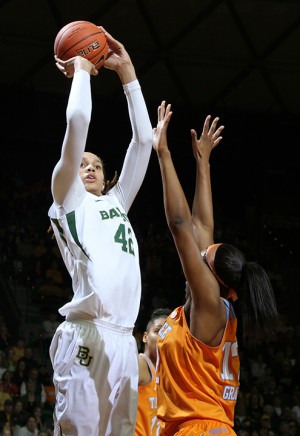Tennessee center Bashaara Graves (12) attempts to block Baylor post Brittney Griner (42) as she shoots for two points during the first half of the game Tuesday evening, Dec. 18, 2012, in the Ferrell Center.  The Lady Bears ended the night with a 76-53 victory over the Volunteers. Matt Hellman | Lariat Photo Editor