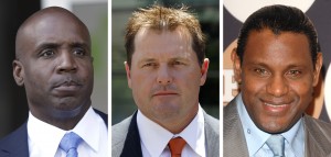 Barry Bonds, Roger Clemens and Sammy Sosa, shown left to right, have become the faces of the “steroid era.” Despite impressive stats, none have been voted into the baseball Hall of Fame. Bonds and Clemens were named in the Mitchell Report, and Sosa testified before Congress about his innocence. 
Associated Press