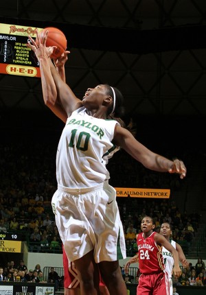 No. 10 forward Destiny Williams steals a rebound from OU in the Ferrell Center on Saturday, Jan. 26, 2013.  The Lady Bears celebrated a 82-65 victory over the Sooners.