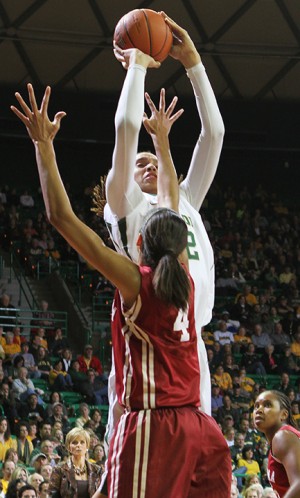 No. 42 center Brittney Griner shoots for two points during the game against No. 20 ranked Oklahoma University in the Ferrell Center on Saturday, Jan. 26, 2013.  With 15 points and 8 blocks, Griner led the Lady Bears in their 82-65 victory over the Sooners, also clinching the all-time NCAA Division I record of 665 career blocks. Matt Hellman | Lariat Photo Editor