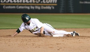 No. 4 outfielder Nathan Orf slides safely into second base during the game against Texas State on Feb. 19, 2013 at the Baylor Ballpark.  The Bears beat the  Bobcats 6-3. Monica Lake | Lariat Photographer