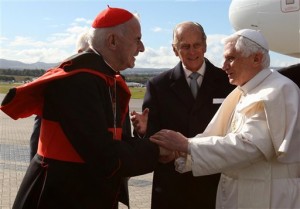 FILE - This is a Thursday, Sept,16, 2010 file photo Pope Benedict XVI, right,  is greeted by  Cardinal Keith O'Brien  in Edinburgh, Scotland, to begin the first papal state visit to the UK.    Cardinal O'Brien resigned Monday, Feb 25, 2013 due to allegations of misconduct. (AP Photo/Andrew Milligan, Pool)