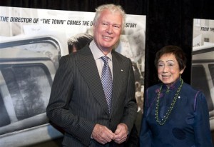 FILE - In this Wednesday, Oct. 10, 2012 file photo, former Canadian Ambassador Ken Taylor and his wife Pat, pose for photographers at the premiere of the film Argo in Washington. Taylor, Canada's former ambassador in Iran, who protected Americans at great personal risk during the Iran hostage crisis of 1979, says if "Argo" wins the Oscar for best picture on Sunday there would be something wrong with director Ben Affleck if he didn't mention Canada, Friday, Feb. 22, 2013. (AP Photo/Cliff Owen, File)
