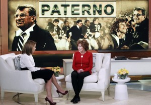 This Feb. 6, 2013 photo released by ABC shows Sue Paterno, widow of legendary football coach Joe Paterno, right, with Katie Couric for an exclusive interview for the "Katie" show in New York. Paterno is fighting back against the accusations against her husband that followed the Jerry Sandusky scandal. Her campaign started with a letter sent Friday to former Penn State players. She wrote that the family's exhaustive response to former FBI director Louis Freeh's report for the university on the Sandusky child sex abuse case will officially be released to the public at 9 a.m. Sunday on paterno.com. The interview with Couric will air on Monday, Feb. 11.  Associated Press