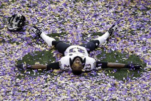Baltimore Ravens defensive back Chykie Brown (23) celebrates after the NFL Super Bowl XLVII football game against the San Francisco 49ers, Sunday, Feb. 3, 2013, in New Orleans. The Ravens won 34-31.  Associated Press