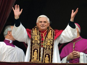 This April 19, 2005 file photo shows Pope Benedict XVI greeting the crowd from the central balcony of St. Peter's Basilica moments after being elected, at the Vatican. On Monday, Feb. 11, 2013 Benedict XVI announced he would resign Feb. 28, the first pontiff to do so in nearly 600 years. The decision sets the stage for a conclave to elect a new pope before the end of March.  Associated Press