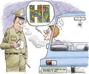 Gary Markstein color illustration of drunk driver leaning out of car to greet police officer with a flowery "HI."  (Milwaukee Journal-Sentinel 2007)