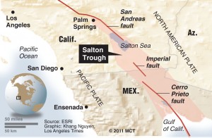 Map of the Salton Trough in southern California, showing the San Andreas, Imperial and Cerro Prieto faults. (Los Angeles Times via McClatchy Newspapers)