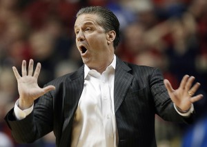 Kentucky head coach John Calipari reacts to a call  during the first half of an NCAA college basketball game against the Vanderbilt at the Southeastern Conference tournament, Friday, March 15, 2013, in Nashville, Tenn. (AP Photo/Dave Martin)