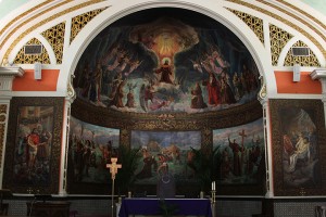 A mural entitled the "Glorification of St. Francis" in the St. Francis Church on Jefferson Avenue and North Third Street.  The walls of the sanctuary are covered by murals created for the church by Spanish artist Pedro Barceló.  Travis Taylor | Lariat Photographer