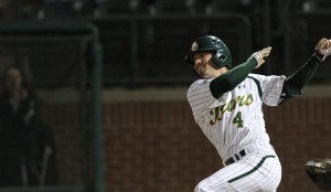 Senior outfielder Nathan Orf hits a ball during Baylor’s game against Louisiana Tech on March 5. Baylor won both games of the series against the Bulldogs. Monica Lake | Lariat Photographer