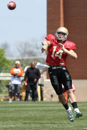 Junior quarterback Bryce Petty rolls out and makes a throw down the field Saturday in Baylor’s spring game. The Bears will begin the fall season on Aug. 31 against Wofford. (Photo courtesy of Baylor Athletic Communications)