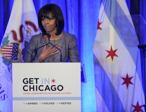 First lady Michelle Obama speaks about 15 year-old Hadiya Pendleton who was shot and killed on the south side of Chicago earlier this year, during a luncheon at the Chicago Hilton in Chicago, Wednesday, April 10, 2013. The first lady is visiting Chicago for a discussion with Chicago Mayor Rahm Emanuel and civic leaders on ways to combat youth violence. (AP Photo/Paul Beaty)