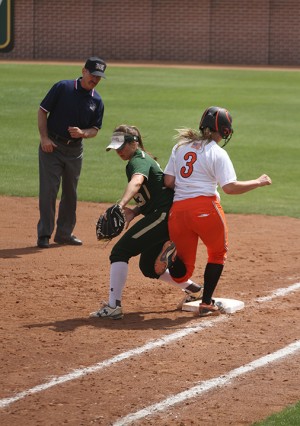 Senior infielder Kelsi Ketter makes the catch at first base to record the out against Oklahoma State on April 13. The Lady Bears won the game 1-0 and completed the three-game sweep the next day. (Matt Hellman | Lariat Photo Editor)
