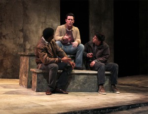 (From left) League City junior Omari Williams, Montogomery, Ala.  senior Jason Scott, and Franklin, Tenn. sophomore Henry Greenberg perform in Baylor Theatre's production "Mad Forest". Baylor Theatre portrays the Romanian revolution in their production of Caryl Churchill's "Mad Forest", presented April 23-28 at the Mabee Theatre.  Travis Taylor | Lariat Photographer