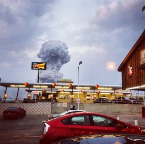 In this Instagram photo provided by Andy Bartee, a plume of smoke rises from a fertilizer plant fire in West, Texas on Wednesday, April 17, 2013.  An explosion at a fertilizer plant near Waco Wednesday night injured dozens of people and sent flames shooting high into the night sky, leaving the factory a smoldering ruin and causing major damage to surrounding buildings. (AP Photo/Andy Bartee) 