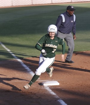 No. 7 Kaitlyn Thumann crosses third base in the third inning to score the third run for the Baylor Lady Bears in their 10-5 thumping of the Texas Tech Red Raiders  Friday night at Baylor's Getterman Stadium.