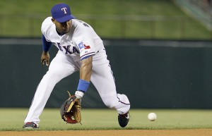 Texas Rangers shortstop Elvis Andrus fields a ground ball hit by Chicago White Sox's Paul Konerko in the eight inning of a baseball game in Arlington, Texas, Wednesday, May 1, 2013. Andrus  threw to first for the out. The White Sox won 5-2. (AP Photo/Brandon Wade)
