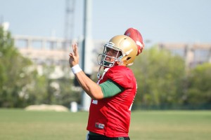 Number 14 Quarterback Bryce Petty warms up his arm at the Simpson Athletic Complex practice fields on August 20, 2013.  Michael Bain | Lariat Photographer
