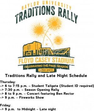 Schedule of Events for the Traditions Rally and Late Night for 2013.