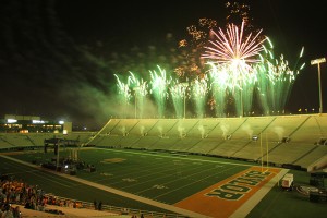 Fireworks go off during the 2013 Welcome Week Traditions Rally at Floyd Casey Stadium on August 29, 2013.  Floyd Casey Stadium, which opened in 1950, is in its last year of hosting Baylor football.  Travis Taylor | Lariat Photo Editor
