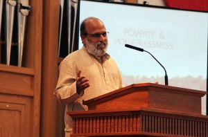 Jayakumar Christian speaks on the topic of "understanding poverty and powerlessness" in the Truett Chapel on Monday, September 16, 2013.  Travis Taylor | Lariat Photo Editor