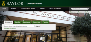 Screen shot of Baylor Library web site showing new OneSearch feature.  Screen shot taken September 3, 2013.