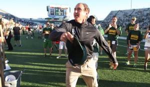 Baylor head coach Art Briles celebrates Baylor’s 70-13 win over ULM by throwing his hat into the crowd on Sept. 21 at Floyd Casey Stadium. Matt Hellman | Lariat Multimedia Editor