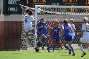 Senior midfielder Kat Ludlow jumps and scores a goal off of a header to lead the Bears to a 2-0 victory against Boise State on Sept. 22 at Betty Lou Mays Field.  Travis Taylor | Lariat Photo Editor