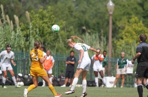 Freshman defender Lindsay Burns heads the ball against McNeese State on Sept. 15. Burns has logged 1,080 minutes on the pitch this season for Baylor soccer and looks to be one of the centerpieces of the future.  Travis Taylor | Lariat Photo Editor