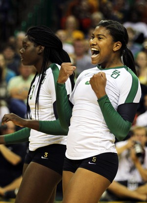 Junior middle hitter Nicole Bardaji celebrates after scoring a point against Texas.  Baylor lost to Texas in four sets.  Travis Taylor | Lariat Photo Editor