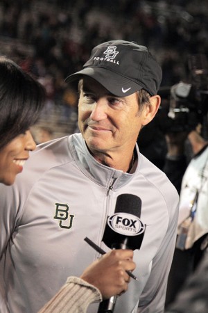 Head coach Art Briles gives an interview after the Bears defeated the University of Oklahoma 41-12 at Floyd Casey Stadium on Thursday. The university offered Briles a 10-year extension to his coaching contract Wednesday. Travis Taylor | Lariat Photo Editor
