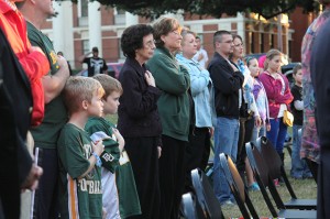 Baylor students, faculty and families gather to sing the National Anthem Monday at the SUB Bowl in honor of Veterans Day.  Constance Atton I Lariat Photographer