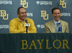After accepting Baylor’s invitation to play in the Texas Bowl on Dec. 6, 2010, Baylor athletics director Ian McCaw, pictured right, addresses media at Highers Athletics Complex. Baylor is one of only three schools with ranked teams in football, men’s basketball and women’s basketball.  Lariat File Photo