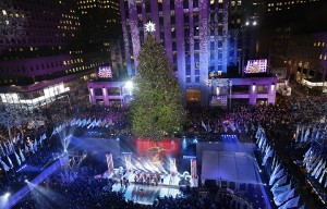 The Rockefeller Center Christmas tree is lit during a ceremony, Wednesday, Dec. 4, 2013, in New York. Some 45,000 energy efficient LED lights adorn the 76-foot tree. (AP Photo/Kathy Willens)