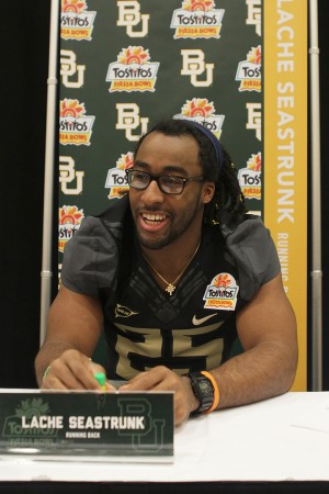 No. 25 junior running back Lache Seastrunk participates in a series of interviews during Baylor's Media Day hour at the Camelback Inn in Scottsdale, Ariz. on Dec. 30, 2013.  