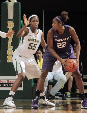 Freshman forward Khadijah Cave defends Kansas State freshman forward Breanna Lewis during the first half of the Lady Bears 71-48 win over Kansas State on Wednesday at the Ferrell Center.  Baylor's defense limited Kansas State to just 13 points in the first half.  Travis Taylor | Lariat Photo Editor