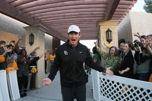 Art Briles arrives at the pep rally at the Scottsdale Plaza Resort in Scottsdale, Ariz. giving high-fives to people as he jogs in on Tuesday, Dec. 31. Drew Mills | Round Up Photographer
