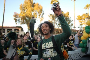 No. 42 junior receiver Levi Norwood videos the crowd using a GoPro during the pep rally at the Scottsdale Plaza Resort in Scottsdale, Ariz. on Tuesday, Dec. 31, 2013. Matt Hellman | Lariat Multimedia Producer