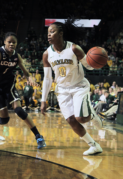 Odyssey Sims scored 20 points and passed for four assists during the Lady Bears  66-55 loss to the number one ranked University of Connecticut at the Ferrell Center on Monday, January 13, 2013.   Travis Taylor | Lariat Photo Editor