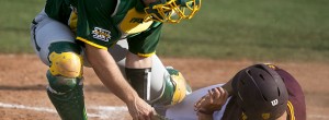 Arizona State's Trever Allen slides into home against Baylor catcher Matt Menard during the eighth inning of an NCAA college baseball game in Tempe, Ariz., on Saturday, Feb. 15, 2014. (AP Photo/The Arizona Republic, David Wallace) MESA OUT  MARICOPA COUNTY OUT  MAGS OUT NO SALES