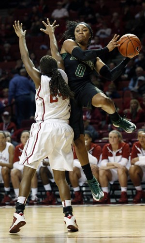 Baylor's Odyssey Sims (0) throws a ball past Oklahoma's Sharane Campbell (24) during the first half of an NCAA college basketball game in Norman, Okla., Feb. 3, 2014. (AP Photo/Garett Fisbeck)