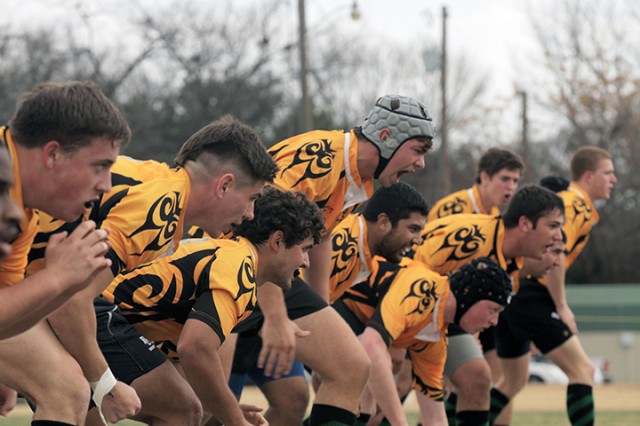 The Baylor Rugby Football Club warms up before a match against Rice University on Saturday at one of the Baylor Science Building fields. The team won 20-11 over the opponent and is expecting its next home match against Texas Tech on Feb. 22.
