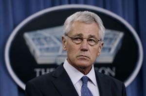 Defense Secretary Chuck Hagel listens during a news conference at the Pentagon, Monday, Feb. 24, 2014, where he recommended shrinking the Army to its smallest size since the buildup to U.S. involvement in World War II in an effort to balance postwar defense needs with budget realities. (AP Photo/Carolyn Kaster)