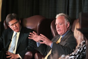 State Rep. Dan Branch, R-Dallas, and state Sen. Kirk Watson, D-Austin, discuss higher education issues during a forum Monday.