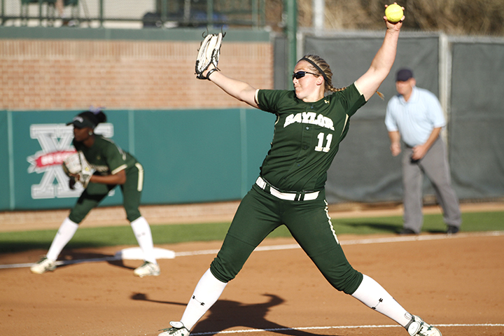 Senior pitcher Whitney Canion pitches against Texas State on March 18. The Lady Bears defeated the Bobcats 2-0.File Photo 