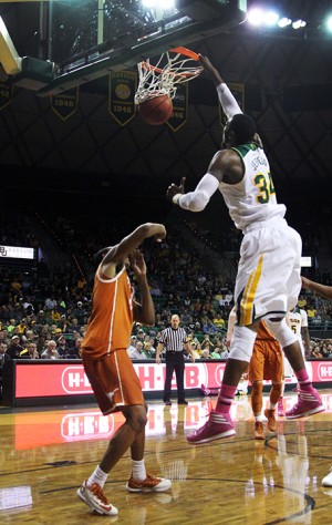 Senior forward Cory Jefferson throws down a dunk against Texas on  Jan. 25 at the Ferrell Center in Waco. 